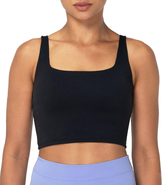 Sunzfly Women Longline Sports Bra Buttery Soft Built in Bra Square Neck Crop Tank Tops for Yoga Pilates Workout Gym Black