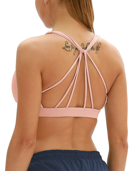 icyzone Padded Strappy Sports Bra Yoga Tops Activewear Workout Clothes for Women (M Pale Blush)